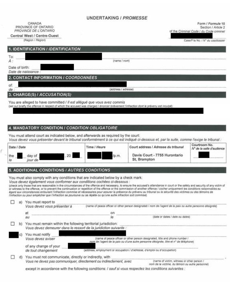An Undertaking (Form 10) issued by the police to someone charged with theft under $5000