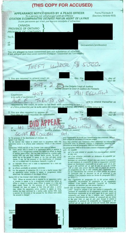 A Form 9 Appearance Notice Issued by a Peace (Police) Officer for Theft Under $5000