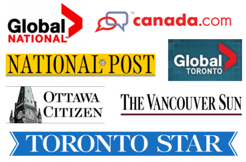 Global National, Canada.com, National Post, Global Toronto, Ottawa Citizen, The Vancouver Sun, Toronto Star